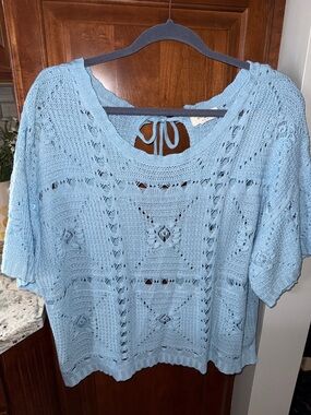 Umgee Sky Blue Crochet Tie-Back Summer Sweater